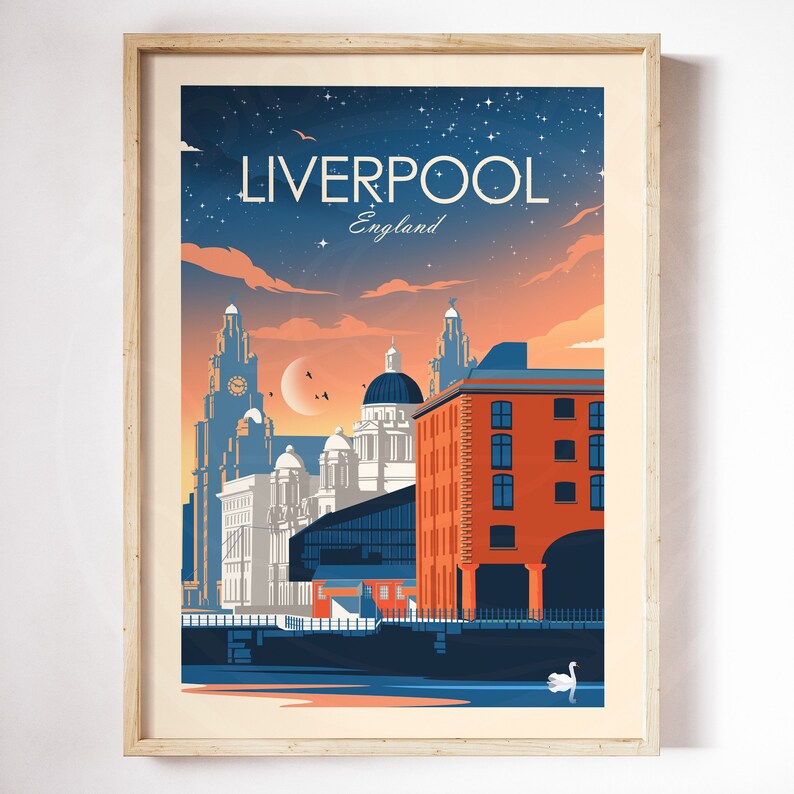 May include: A retro-style travel poster featuring a cityscape of Liverpool, England. The poster has a blue and orange color scheme and features the iconic Liver Building and other buildings. The text "LIVERPOOL England" is at the top of the poster.