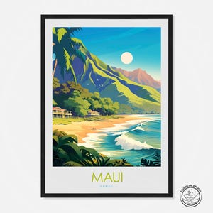 Póster de viaje de Maui, arte de pared, impresión de viaje de Maui, impresión enmarcada de Maui, regalo de Maui, colgante de pared, decoración del hogar, regalo de Hawái