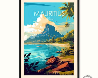 May include: A vintage travel poster with a colorful illustration of a tropical island with a mountain in the background. The poster has the text "Mauritius Africa" in a retro font.
