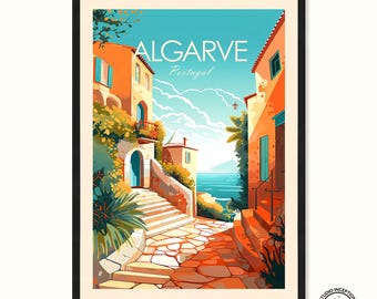 May include: A colorful illustration of a street scene in Algarve, Portugal. The image features a narrow, cobblestone street lined with colorful buildings and lush greenery. The street leads to a view of the ocean in the distance.