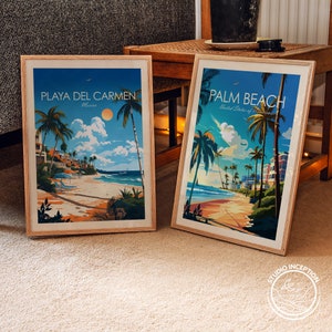 Pode incluir: Duas ilustra&ccedil;&otilde;es emolduradas de cenas de praia. O quadro da esquerda mostra uma cena de praia com o texto "PLAYA DEL CARMEN, M&eacute;xico". O quadro da direita mostra uma cena de praia com o texto "PALM BEACH, Estados Unidos da Am&eacute;rica".