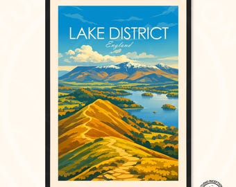 Reisposter Lake District, Helvellyn-print, Catbells muurkunst, Mountain & Lake-print, VK-reiscadeau