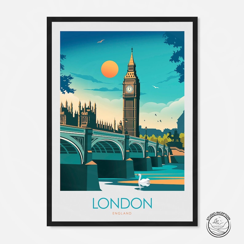 May include: A colorful illustration of Big Ben and the Houses of Parliament in London, England. The image features a blue sky, a yellow sun, and a green river with a white swan. The text "LONDON" and "ENGLAND" is printed below the image.