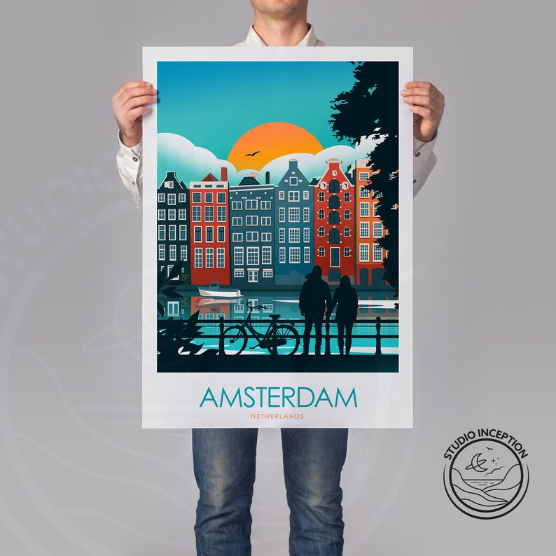 May include: A colorful illustration of Amsterdam, Netherlands, with a couple standing on a bridge overlooking a canal. The cityscape features traditional canal houses with red brick facades and a bright orange sunset in the background. The text "AMSTERDAM" and "NETHERLANDS" is displayed below the illustration.