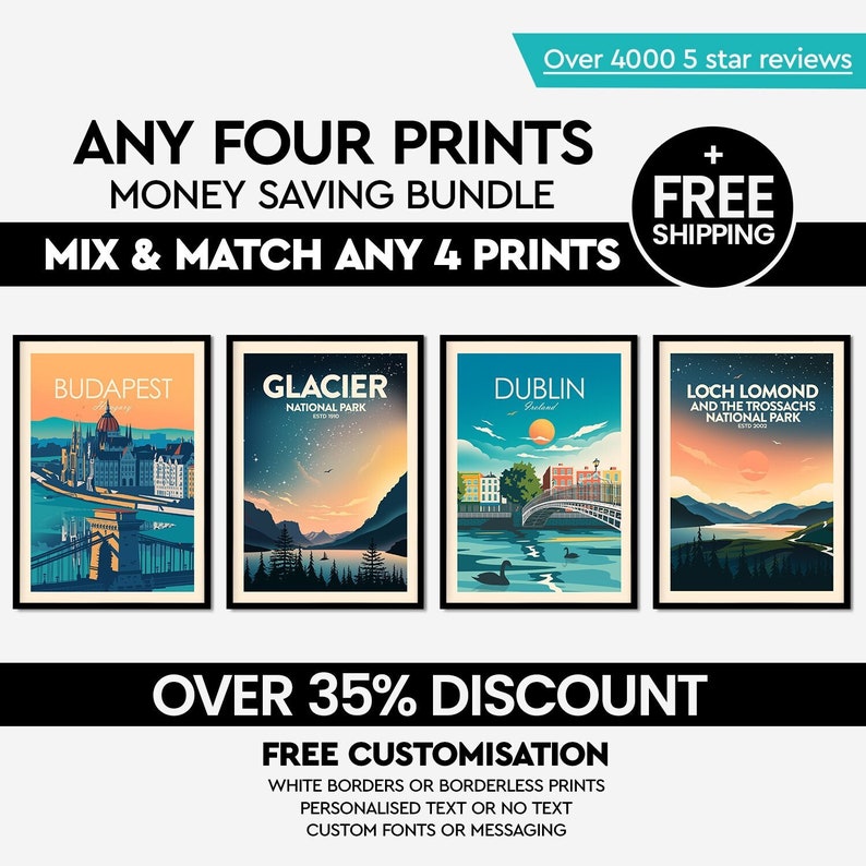 Money Saving Print Set Any 4 Prints of your Choice, Choose Your Size, Travel Poster, Travel Print, Art Prints, Art Gifts, National Parks image 1