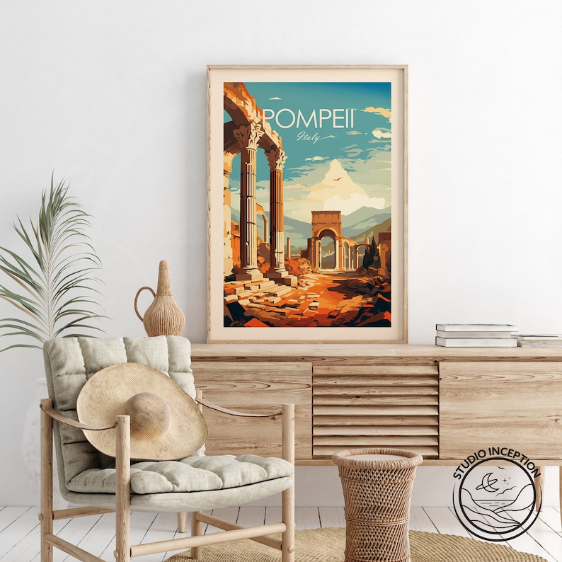 Puede incluir: Un p&oacute;ster de viaje vintage con una ilustraci&oacute;n colorida de las ruinas de Pompeya, Italia. El p&oacute;ster tiene el texto "POMPEII Italy" en la parte superior.