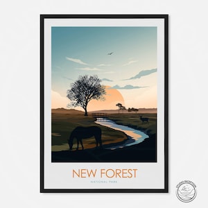 Der New Forest Druck mit Pferden und Hirschen, New Forest Nationalpark, Hampshire Poster, Nationalpark Reise-Druck von Studio Invention