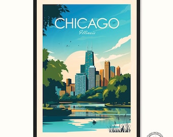 May include: Framed art print featuring a stylized illustration of Chicago, Illinois. The artwork depicts the city skyline with skyscrapers, a lake, and trees under a blue sky. The word "CHICAGO" is at the top, with "Illinois" below.