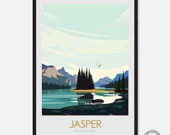 May include: A minimalist poster with a blue and green landscape featuring a lake, mountains, and a small island with trees. The text "JASPER NATIONAL PARK" is at the bottom of the poster.