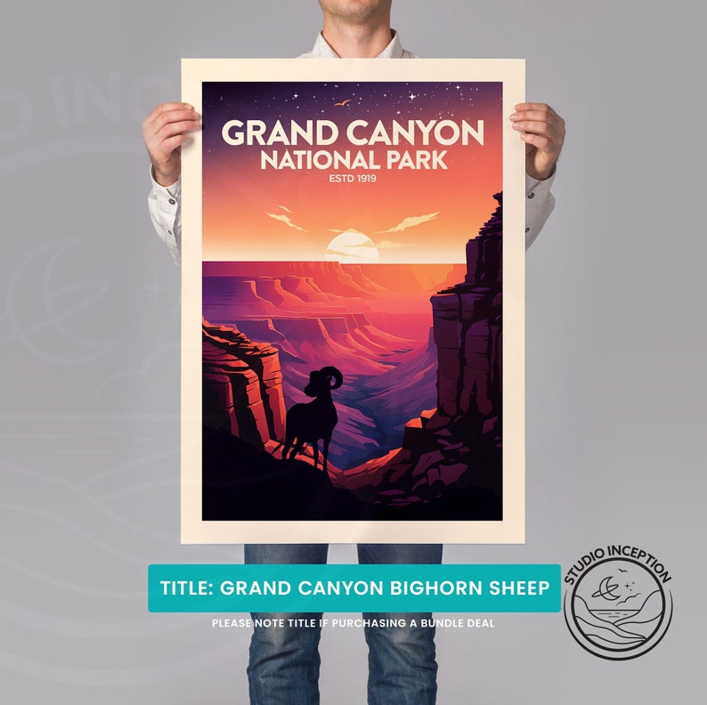 May include: A vintage-style poster featuring a sunset view of the Grand Canyon National Park, established in 1919. The poster depicts a silhouette of a bighorn sheep standing on a cliff overlooking the canyon. The text "GRAND CANYON NATIONAL PARK ESTD 1919" is at the top of the poster.