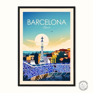 May include: A framed travel poster of Barcelona, Spain, featuring a stylized illustration of the city's architecture. The poster has a blue sky background with the word "Barcelona" in white. The image includes a mosaic wall and a tower.