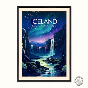 Island Traditioneller Druck mit der Nordlichter - Aurora Borealis Wandkunst, personalisiertes Reisegeschenk für Kunstliebhaber, Wohndekorgeschenk Bild 1