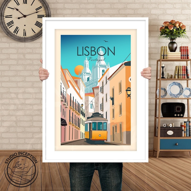 May include: A colorful illustration of a street scene in Lisbon, Portugal. The image features a yellow tram traveling down a narrow street lined with colorful buildings. The text "LISBON Portugal" is displayed at the top of the image.