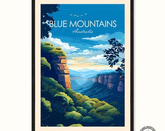 Pode incluir: Um cartaz de viagem vintage que apresenta uma vista panorâmica das Blue Mountains na Austrália. O cartaz tem um fundo azul com nuvens brancas e uma cordilheira ao longe. O texto "BLUE MOUNTAINS Australia" está impresso em branco na parte superior do cartaz.