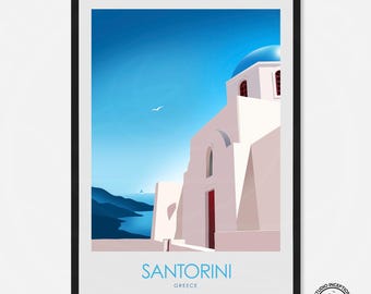 Póster de viaje de Santorini, Póster de Grecia, Regalo de compromiso, Vacaciones, Recuerdo, Regalo, Grecia, Romántico, Obra de arte, Decoración de pared para el hogar