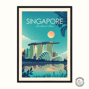 May include: Framed art print featuring a stylized illustration of Singapore's skyline. The image showcases the Marina Bay Sands hotel, Gardens by the Bay, and a vibrant sunset over the water. Text reads "SINGAPORE Southeast Asia".