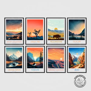 May include: Eight framed art prints featuring national park landscapes. Each print showcases a different park, including Smoky Mountains, Joshua Tree, Yellowstone, Glacier, Grand Teton, Yosemite, Grand Canyon, and Zion. The prints have a minimalist style with vibrant colors.