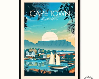 Puede incluir: Un cartel de viaje vintage con una ilustración colorida de Ciudad del Cabo, Sudáfrica. El cartel representa un velero en el puerto, la Montaña de la Mesa en el fondo y el texto "CAPE TOWN South Africa".