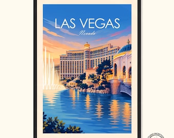 Las Vegas Bellagio Fountains Travel Poster, Nevada Cityscape Art Print (Archival Paper)