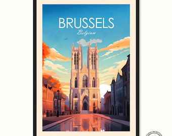 Brussels Cathedral Print - Belgium Print Poster Brussels Travel Poster Travel Gift