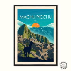 May include: A framed art print featuring a stylized illustration of Machu Picchu, Peru. The artwork depicts the ancient city with a llama silhouette, mountains, and a sunset. The text "Machu Picchu Peru" is displayed at the top.