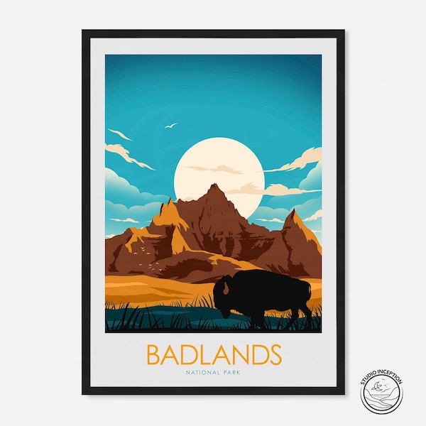 Poster con stampa artistica di Badlands, decorazioni per la casa, arte murale, poster di viaggio, stampa di viaggio, poster del parco nazionale, stampa del Dakota del Sud