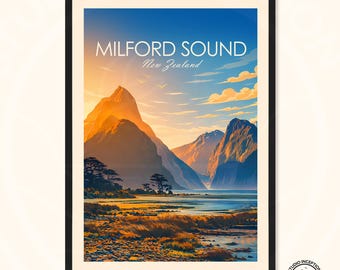 Milford Sound Reisafdruk Nieuw-Zeeland poster muurkunst Woondecoratie op maat reiscadeau