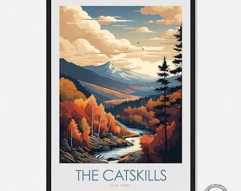 Puede incluir: Un cartel de viaje de estilo vintage que presenta una vista panorámica de las montañas Catskill en Nueva York. El cartel representa un río sinuoso que fluye a través de un exuberante bosque con follaje otoñal vibrante. El texto "THE CATSKILLS NEW YORK" se muestra en la parte inferior del cartel.