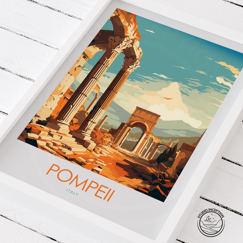 May include: A vintage travel poster featuring a colorful illustration of the ruins of Pompeii, Italy. The poster has a blue sky with a single bird flying overhead and the text "POMPEII ITALY" at the bottom.