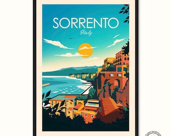 May include: Framed art print featuring a stylized illustration of Sorrento, Italy. The artwork depicts a coastal scene with colorful buildings, a bright sun, and the text "SORRENTO Italy" in white and green. The print is framed in black.