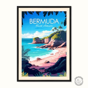 May include: Framed art print featuring a vibrant illustration of a Bermuda beach scene. The artwork showcases a turquoise ocean, pink sand, and lush green cliffs under a bright blue sky. Text at the top reads "BERMUDA North Atlantic."