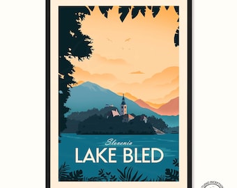 Stampa poster di viaggio Slovenia, Lago di Bled, arredamento per la casa in stile tradizionale, souvenir, stampa artistica, regalo, poster di viaggio da parete