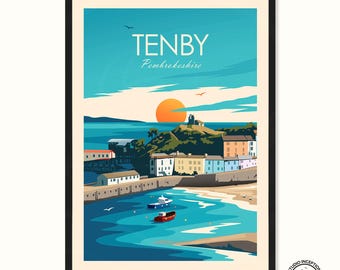 Tenby prints, Tenby Art, Wales Print Poster, Tenby Harbour Pembrokeshire Prints Travel Poster by Studio Inception