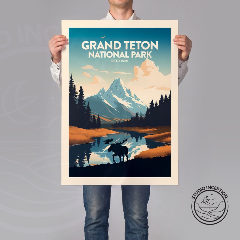May include: A vintage-style poster featuring a scenic view of Grand Teton National Park, established in 1929. The poster depicts a mountain range with snow-capped peaks, a lake reflecting the mountains, and a silhouette of a moose in the foreground. The text "Grand Teton National Park" is displayed in bold letters at the top of the poster.