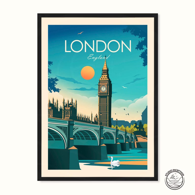 Pode incluir: Um design de p&ocirc;ster de viagem vintage com o Big Ben e as Casas do Parlamento em Londres, Inglaterra. O p&ocirc;ster tem um esquema de cores azul, verde e amarelo com um p&ocirc;r do sol no fundo.