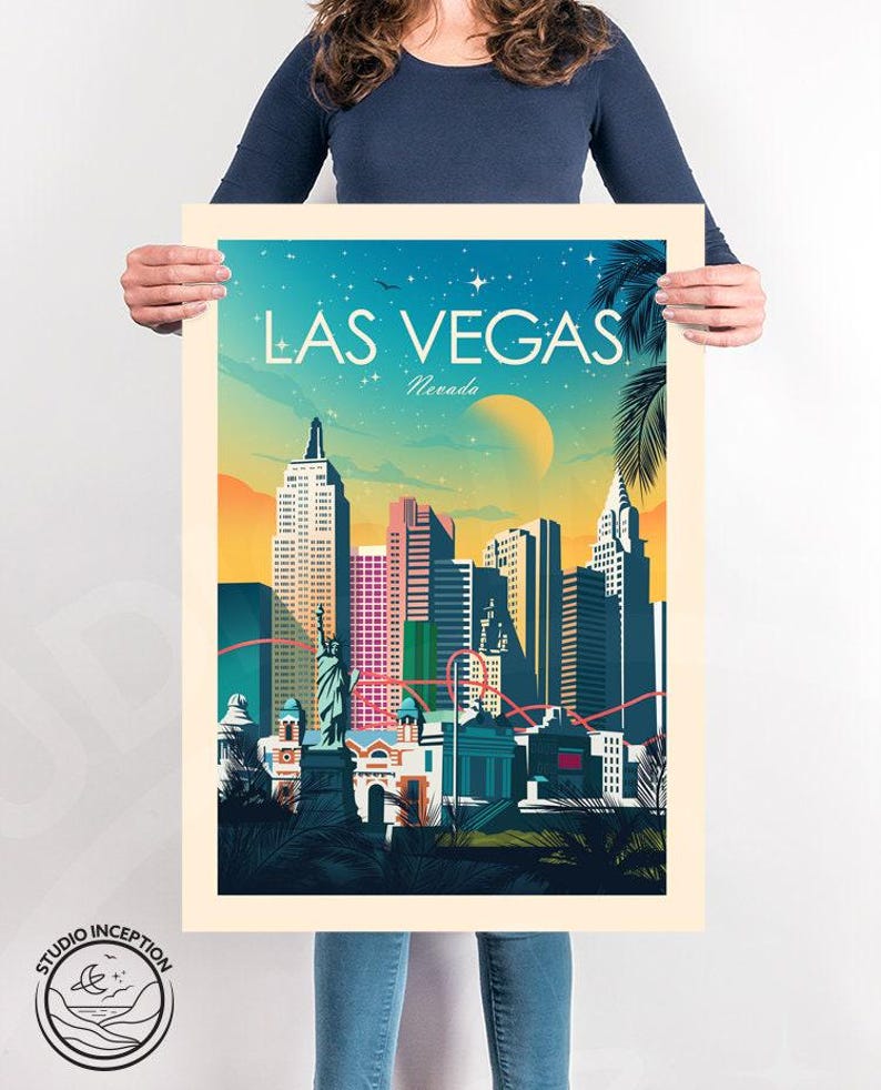 Resetavla i Las Vegas med Frihetsgudinnan i Nevada, konstavla, resetavla, reseposter, väggkonst bild 3