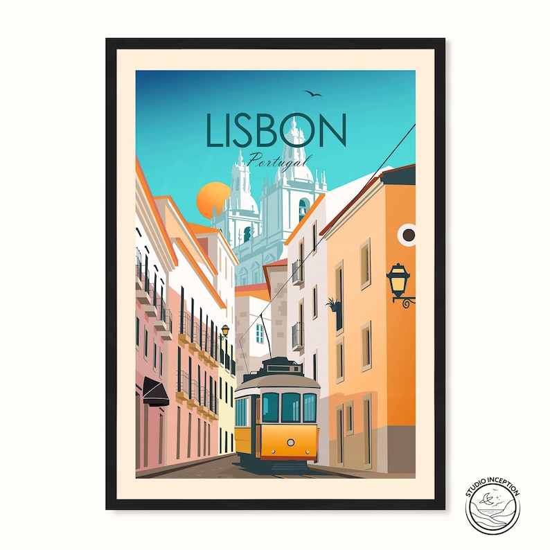 a poster of a trolley on a city street