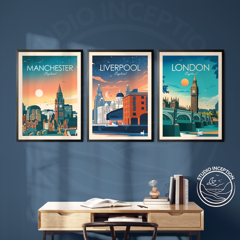 May include: Three framed illustrations of cityscapes with the city names "Manchester", "Liverpool", and "London" printed at the top. Each illustration features a sunset sky with a prominent landmark in the city.