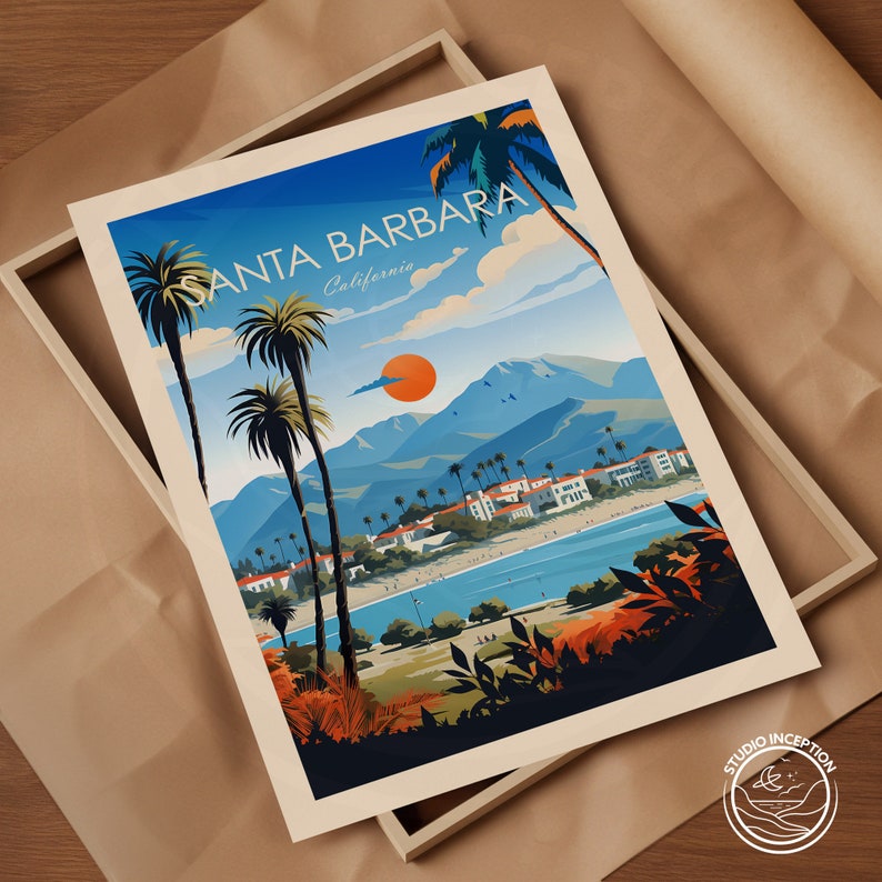 May include: A vintage travel poster design featuring a scenic view of Santa Barbara, California. The poster depicts palm trees, a blue ocean, a beach, and mountains in the background. The text "SANTA BARBARA California" is displayed in a retro font.