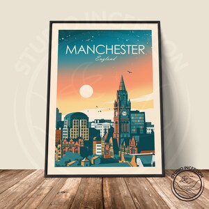 May include: A vintage travel poster design featuring a cityscape of Manchester, England. The poster has a retro color palette with a sunset sky and a prominent clock tower building in the center.