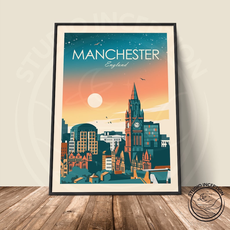 May include: A vintage travel poster design featuring a cityscape of Manchester, England. The poster has a retro color palette with a sunset sky and a prominent clock tower building in the center.