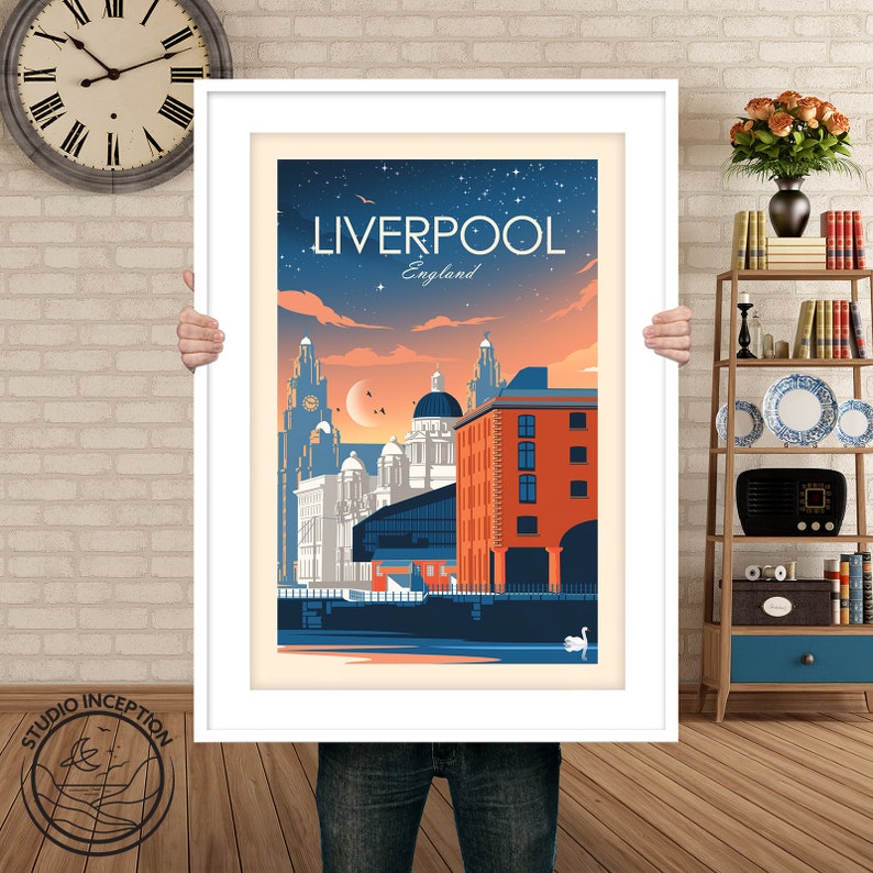 May include: A retro-style travel poster featuring a cityscape of Liverpool, England. The poster has a blue, orange, and white color scheme and features the text "Liverpool, England" at the top.