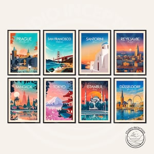 May include: Eight framed travel art prints featuring iconic cityscapes: Prague, San Francisco, Santorini, Reykjavik, Bangkok, Tokyo, Istanbul, and D&uuml;sseldorf. Each print showcases vibrant colors and landmarks, perfect for home decor.