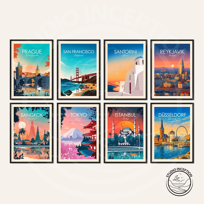 May include: Eight framed travel art prints featuring iconic cityscapes: Prague, San Francisco, Santorini, Reykjavik, Bangkok, Tokyo, Istanbul, and D&uuml;sseldorf. Each print showcases vibrant colors and landmarks, perfect for home decor.