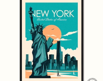 May include: A framed art print featuring a vintage-style illustration of New York City. The artwork showcases the Statue of Liberty, a cityscape, and the text "NEW YORK United States of America" in a retro design with a teal and orange color scheme.