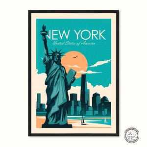 Stampa di viaggio di New York con Statua della Libertà e Skyline di New York, Stampa artistica, Stampa di viaggio, Poster di viaggio, Arte murale