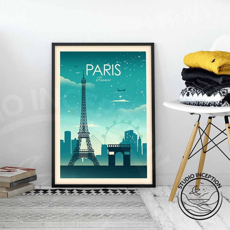 Paris France Art Print Travel Print Poster, Eiffel Tower, Travel Gift, France Gift, by Studio Inception image 2