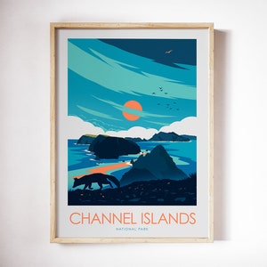 May include: A colourful illustration of a landscape with a red sun, blue sky, and a fox walking on a rocky shore. The text "CHANNEL ISLANDS NATIONAL PARK" is at the bottom of the image.