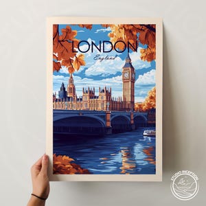 Puede incluir: Un cartel de viaje vintage con una ilustraci&oacute;n colorida del Big Ben y las Casas del Parlamento en Londres, Inglaterra. El cartel tiene un cielo azul con nubes blancas y un r&iacute;o en primer plano. El texto "LONDON England" est&aacute; en la parte superior del cartel.