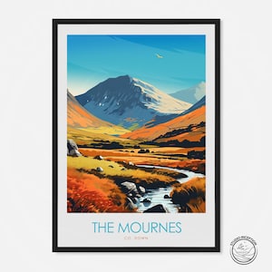 Impresión de las montañas de Mourne, póster de viaje de Mourne, arte mural del condado de Down, arte irlandés, decoración del hogar de Newcastle, arte de viaje enmarcado de Mourne